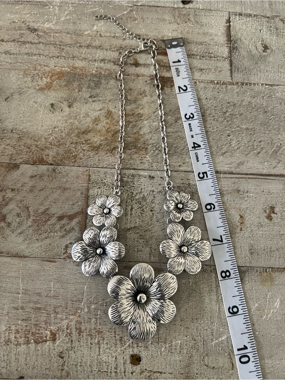 Silver Tone Floral Statement Necklace and Earrings Set - Picture 4 of 6